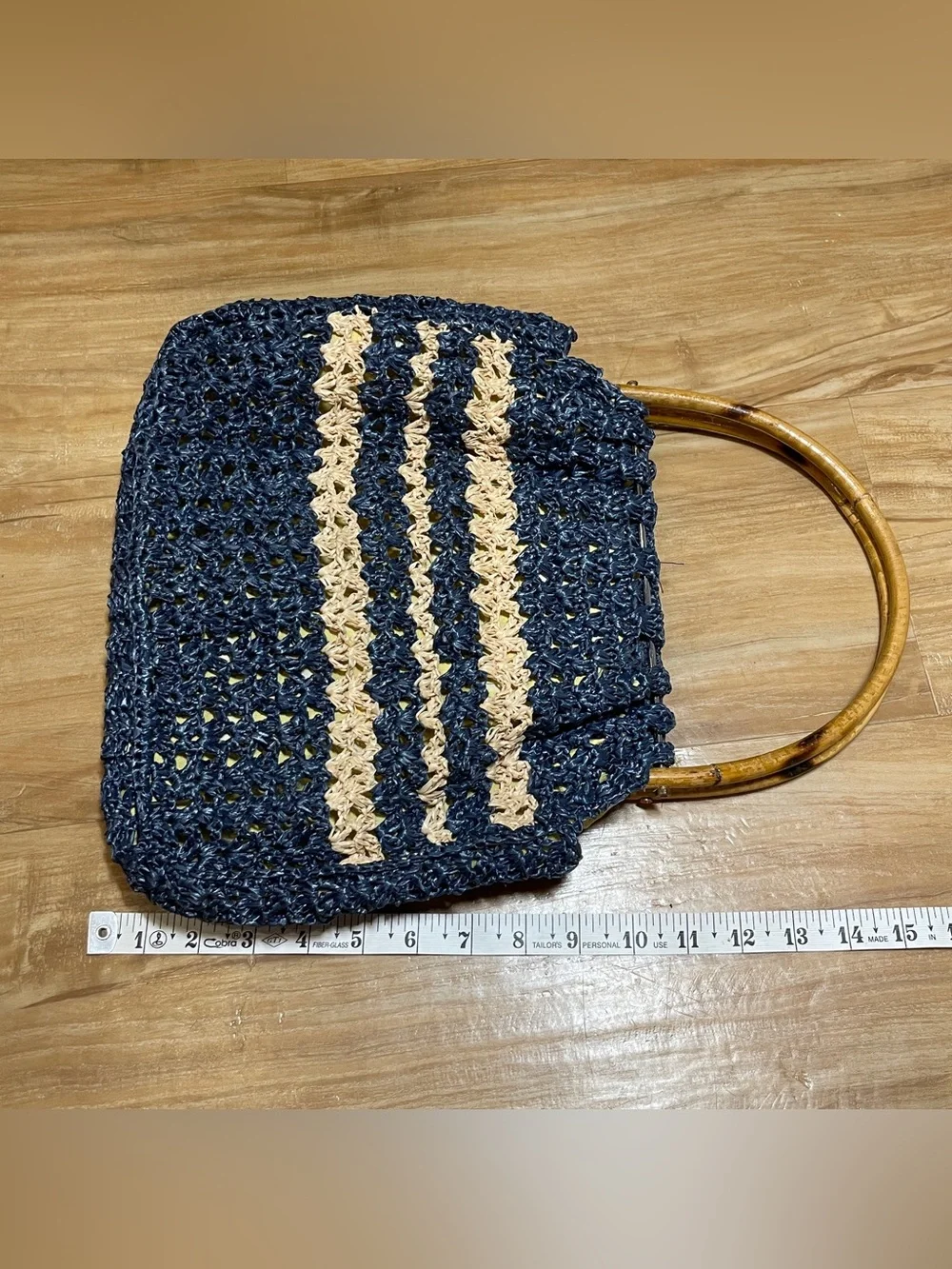 Handmade crocheted?/macrame? handbag recycled materials bamboo handles 14”x11”
